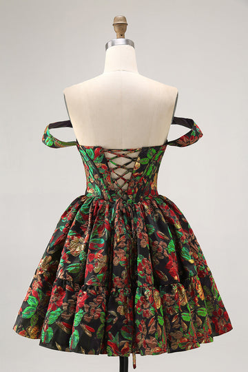 Dark Green Brocade Floral A Line Corset Homecoming Dress